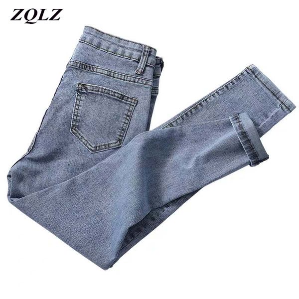 Zqlz pantalones de lápiz flaco azul de talle alto mujeres más tamaño jeans mujer botón con cremallera suavizante denim mamá pantalones 201030