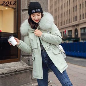 Zqlz más tamaño chaqueta de invierno mujeres con capucha rosa largo parkas mujer suelto algodón abrigo casual negro cálido abrigo femenino 211008