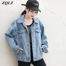 ZQLZ Streetwear denim jas vrouwen herfst jean jas vrouwelijke casual zwarte vintage overjas mujer veer denim jas 201029