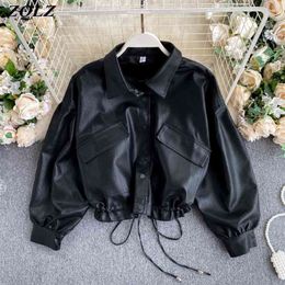 ZQLZ Vintage cuir manteau femmes lâche noir veste en cuir synthétique polyuréthane femme simple boutonnage Punk court Faux cuir pardessus Mujer 210916