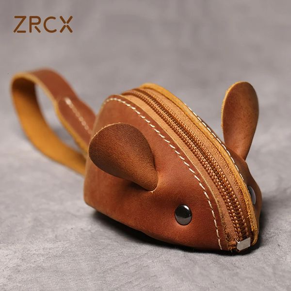 Zrcx en cuir authentique petit sac à main créatif charmant rat zipper clés clés hommes femmes portefeuilles portables sacs enfants 240423