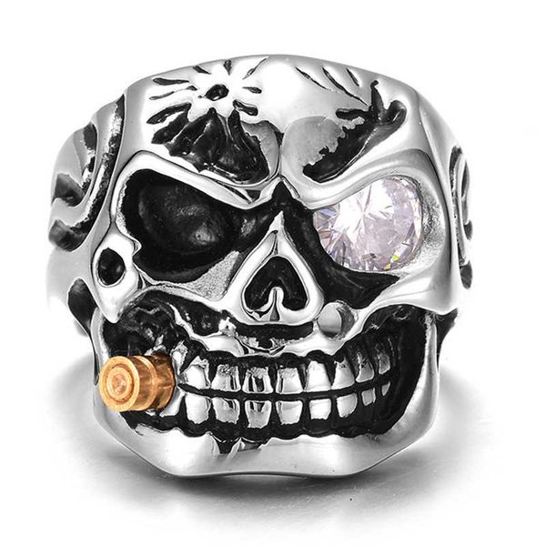 Zrm moda oro fumar pipa Biker hombres anillos Rock Punk cráneo anillo claro rojo circón ojo chapado joyería para hombres