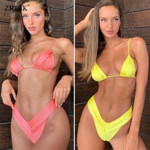 Zrtak Handwerk Bikini's kleine ruche zwempak vintage print zwemkleding vrouwen badpak luipaard patchwork bikini set string 210305