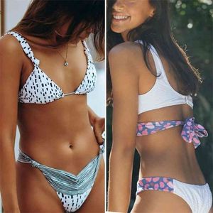 Zrtak ruche bikini bandage bloemen boog badpak vrouwelijke badmode print lace up biquini feminino badpak vrouwen set 210630