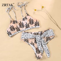 Zrtak Ruffle Bikini Print Floral Swimsuit Biquinis Feminino Bow Swacear Lacet Set Bathing Costume Women Bikins Hollow Out 589