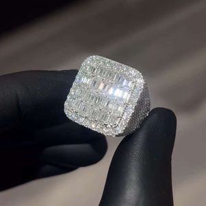 Joyería Zuanfa, anillo de moissanita completo con diamantes ostentosos, corte esmeralda, anillo de Hip Hop de Sier, anillo de moissanita para hombres