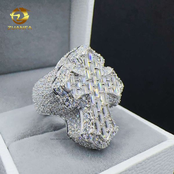 Joyería Zuanfa, anillo de moissanita de Hip Hop, anillo cruzado de Plata de Ley 925, Baguette Vvs para hombres DiamondJ5ZY