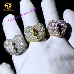 Zuanfa Bijoux Moisanite Hip Hop Broken Heart Rings Pass Diamond Tester Positif Iced Out Rings
