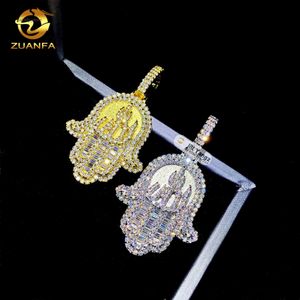 Zuanfa Nieuw design Hamsa Hand Pendant Lucky Charm Baguette Moissanite hanger Hip Hop Jewelry Rock Birthday Gifts Idee