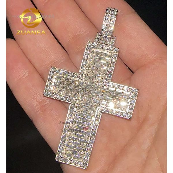 Zuanfa – bijoux religieux en argent massif glacé VVS Gra Baguette Moissanite, pendentif croix en diamant