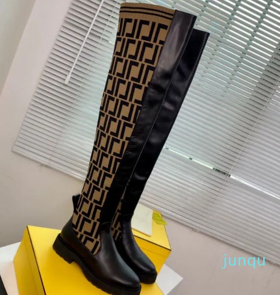 Zucca – bottes plates style chaussettes tricotées, bottes hautes Rockoko, tissu extensible jacquard, cuir noir, sur le genou