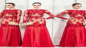 Zuhair Murad 2016 Robes de soirée Bateau Sirène rouge Sirène transparente en dentelle à manches longues Pageant Robes Longueur du sol