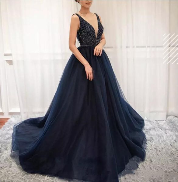 Zuhair Murad 2020 robes de soirée sexy col en V bleu marine A-ligne perles longue célébrité porter robe de soirée grande taille robes de bal