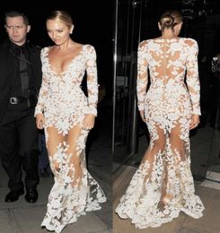 Zuhair Murad 2020 robes de soirée en dentelle transparente manches longues col en V appliques longues CANDICE SWANEPOEL porte illusion bal célébrité Go3123124