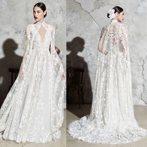 Zuhair Murad 2020 vestidos de novia de encaje de invierno con envolturas elegantes una línea de tren de barrido vestidos de novia apliques vestido de novia de princesa