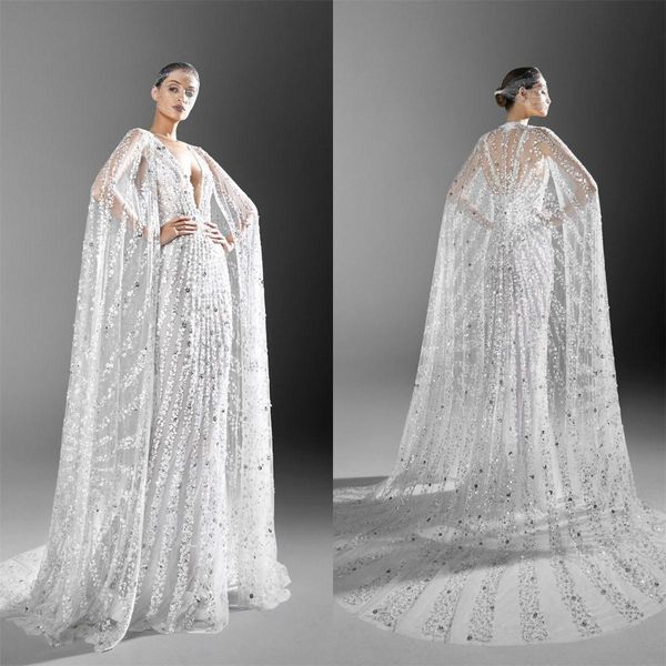 Zuhair Murad 2021 Nuevos vestidos de novia Cuello en V profundo Cristales de lujo Vestidos de novia brillantes con vestidos de novia con cuentas de encaje largo