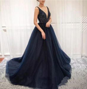 Zuhair Murad 2024 Avondjurken Sexy V-Neck Navy Blue A-Line Beads Long Celebrity Wear Evening Feestjurk plus size prom-jurken