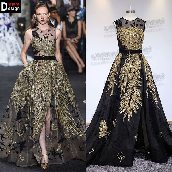 Zuhair Murad Robes De Soirée Noires Avec Des Perles D'or De Vraies Images Custom Made Balayage Train Robe De Bal De Soirée Porter Illusion Robe Formelle