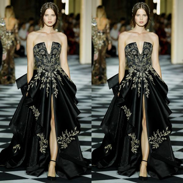 Zuhair Murad Noir Robes De Bal Robes De Soirée Sans Bretelles Ruché Haute Split Robe De Soirée De Cocktail Formelle Or Appliqued Robes De Soirée￩e