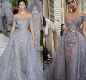 Zuhair Murad Dust Gray Avonds Jurken over Skirt kant Shiny Off Shoulder volledige lengte prom jurk met afneembare trein gelegenheid feestjurken