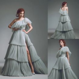 Zuhair Murad Avondjurken 2024 Eén schouder kanten Appliques gelaagde prom -jurken Backless Floor Lengte Een lijn Speciale gelegenheid jurk