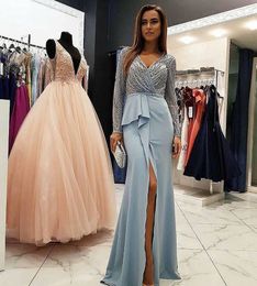 Zuhair Murad Front Split Prom Dresses met lange mouwen V-hals Kralen Avondjurken Schede Vestidos de Fiesta Vloer Lengte Formele Jurk