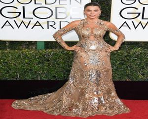 Zuhair Murad Gold Robe de soirée à manches longues à côté de l'épaule Sweep Train Robes de bal Long Forme Party Wear plus Taille Red Carpet G7993716