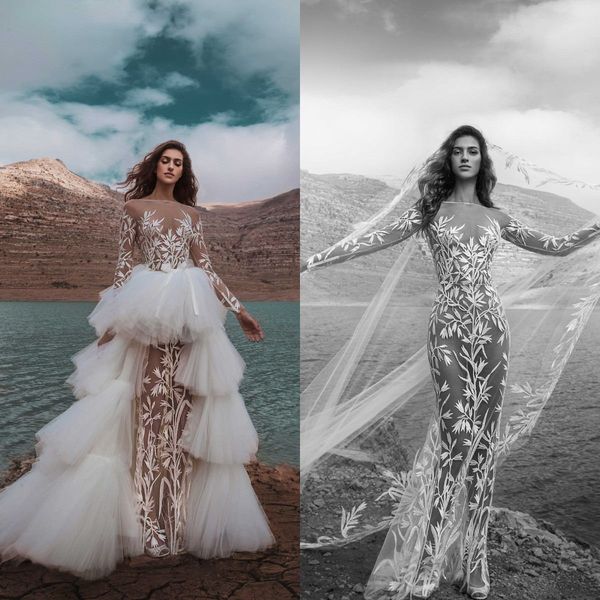 Zuhair Murad Magnifique Sirène 2021 Robes De Mariée Sheer Neck Appliqued Illusion Robes De Mariée Avec Train Détachable Robe De Mariage Dos Nu