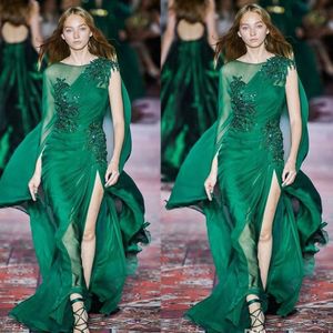 Zuhair murad groene schede prom jurken chiffon sexy hoge split formele avondjurk speciale gelegenheid pailletten geappliceerd feestkleding