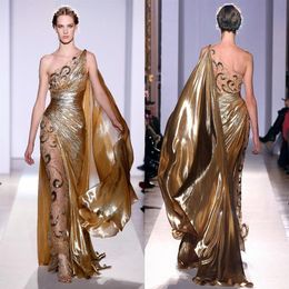 Zuhair Murad Haute Couture Apliques Vestidos de noche dorados 2021 Sirena larga Un hombro con apliques Sheer Vintage Pageant Prom163L