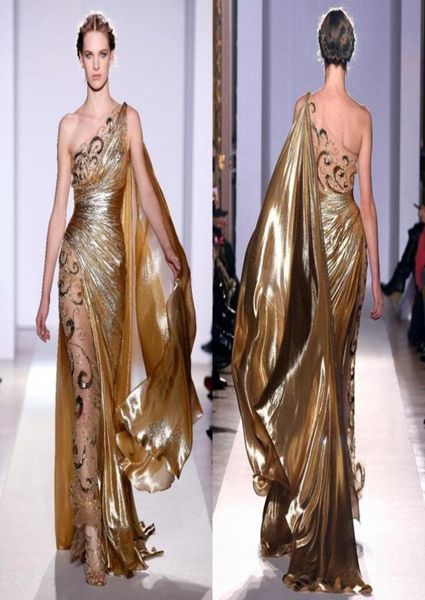 Zuhair Murad Haute Couture Appliques Or Robes De Soirée Longue Sirène Une Épaule avec Appliques Sheer Vintage Pageant Robe De Bal4489641