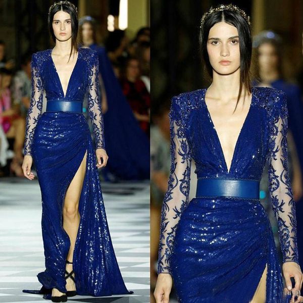 Zuhair Murad Vestidos de noche de manga larga Lentejuelas azules Sexy Cuello en V profundo Vestido de fiesta de encaje con abertura larga batas de soir￩e