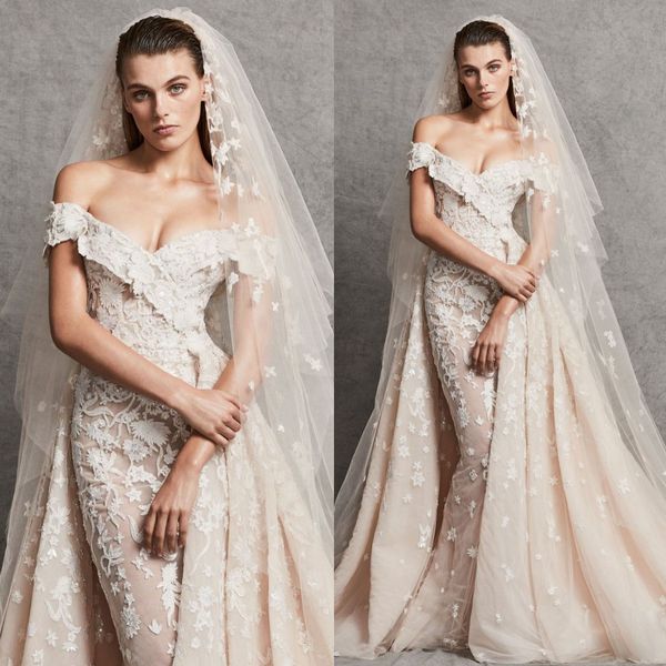 Zuhair Murad Mermaid Overskirt Robes de mariée hors de l'épaule Lacet Bridal Robes Appliquée Trumpet Plus Vestidos de taille de Nnovia 415