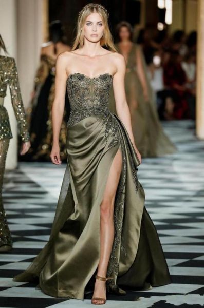 Zuhair Murad Vestidos de fiesta de sirena verde oliva con cuentas y cuello sin tirantes Vestidos de noche con abertura lateral con lentejuelas Tallas grandes con apliques de satén Fo3307121