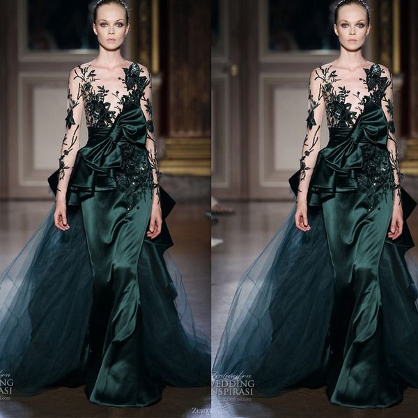 Zuhair Murad Robes De Bal Vert Foncé Illusion Sheer Neck Robe De Soirée Satin Dentelle Appliqued Celebrity Tapis Rouge Robes De Mode