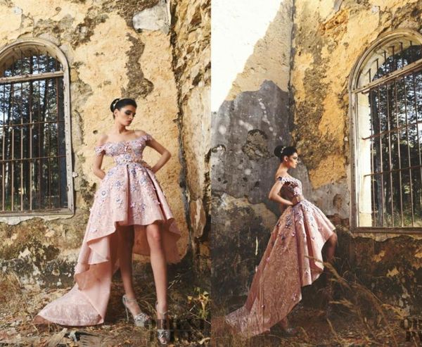 Zuhair Murad Robes de bal High Low Pink Lace 3D Applqiues floraux de l'épaule A Line Elegant Evenant Formal Robes 2018 Girls6237488