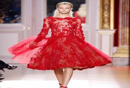 Zuhair Murad Red Lace prom jurk knielengte aline boot nek appliques kralen illusie lange mouwen avond feestjurk goedkoop mad4700393
