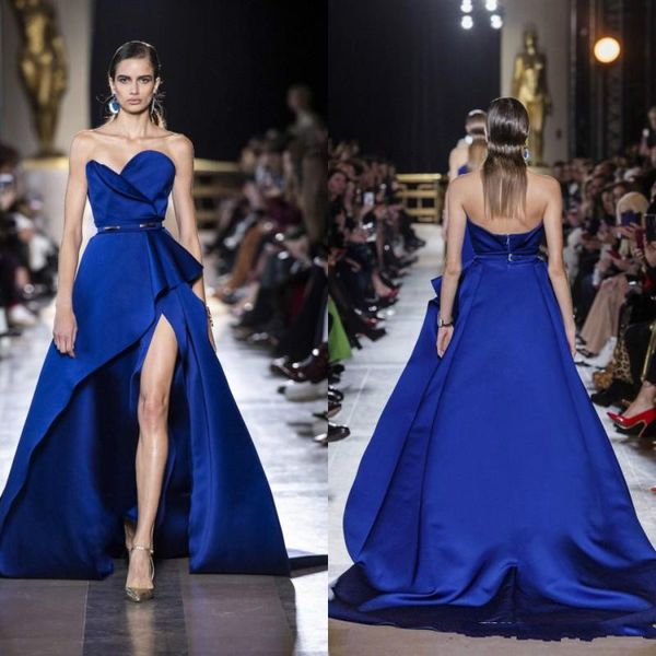 Zuhair Murad Royal Blue Vestidos de noche Sexy Sweetheart Neck Hi Lo Prom Vestidos Alfombra roja Vestido de moda vestidos de novia