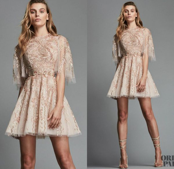 Zuhair Murad Vestidos de baile cortos Apliques de encaje con cuello joya Media manga larga Vestido de cóctel con cuentas Desnudos hechos a medida Formales vestidos