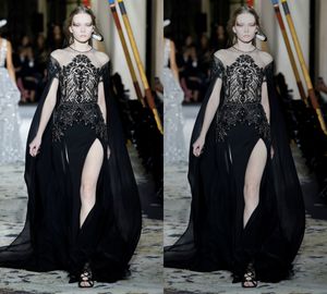 Zuhairmurad Robe de soirée sirène noire col bijou à manches courtes robe formelle tulle dentelle cristal fendu balayage train robe de demoiselle d'honneur