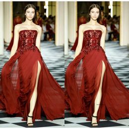 Zuhairmurad Aangepaste rode zeemeermin avond strapless mouwloze formele jurk chiffon tule kanten split applique kristal bruidsmain jurk 0431
