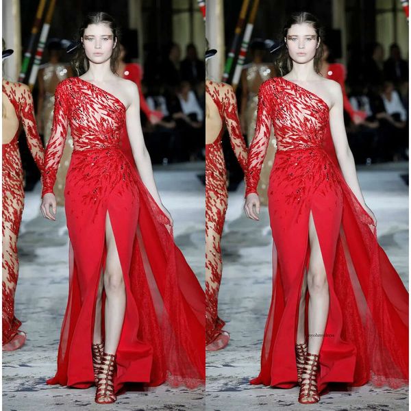 Zuhairmurad rouge Sirène personnalisée Soirée One épaule à manches longues robe formelle Tulle en mousseline de soie