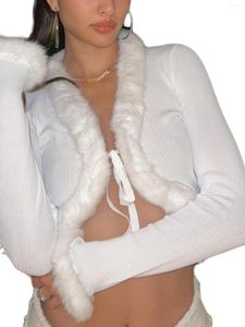 Zukmuk Women Y2K Fluffy gebreide vest op elkaar knopen Tops Sexy Solid Color Long Sleeve V Neck Fur Tim Open Voorkant