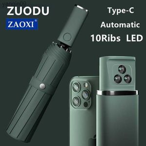 ZUODU 10rRibs Automatische Opvouwbare Paraplu met Led Licht Winddicht Grote Regen Paraplu Draagbare Outdoor voor Mannen Vrouwen L230626