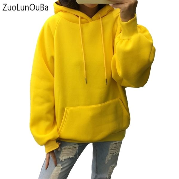 Zuolunouba Winter Casual Fleece Frauen Hoodies Sweatshirts Langarm Gelb Mädchen Pullover Lose Mit Kapuze Weibliche Dicken Mantel 210813