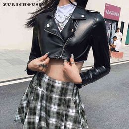 ZURICHOUSE Slim recadrée veste en cuir femmes Streetwear à manches longues fermeture éclair noir PU cuir moto vestes 2022 hauts manteau L220728