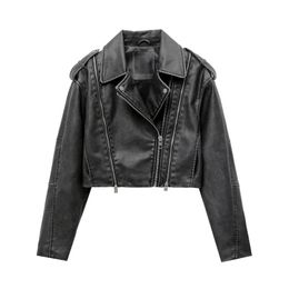 ZVRI veste de moto courte en simili cuir effet ancien pour femme manteau en cuir gris délavé 240125