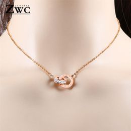 ZWC Mode Charme Romain Numérique Double Cercle Pendentif Collier pour Femmes Filles Fête Titane Acier Or Rose Colliers Bijoux2395