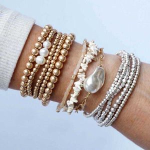 ZWPON 5 PCS / Set Or Rempli Perles Perle Charme Bracelets Élastiques Ensembles pour Femmes Couleur Argent Mini Cube Perlé Bracelets Bijoux X0706