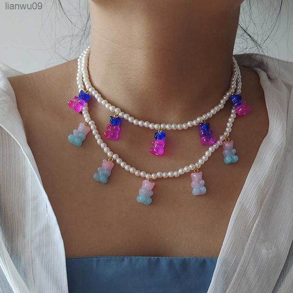 ZX Mignon Gummy Bear Pendentif Collier Femmes Vintage À La Main Simulé Perle Perlé Sautoirs Collier Court En Gros Dropshipping L230704